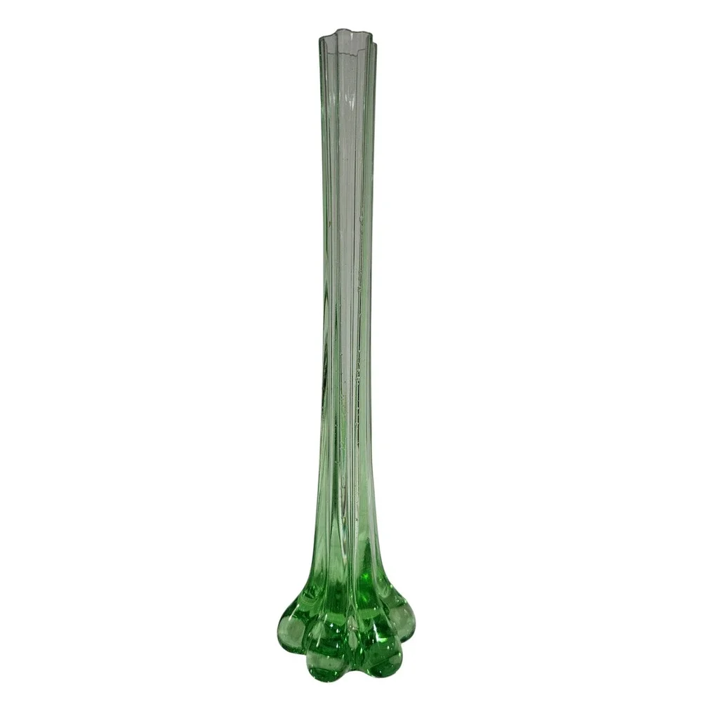 Vintage Green Swung Glass Bud Vase Mid-Century Modern 6-Toe Base 11.5 Inch